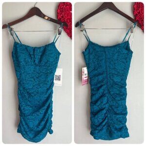 Emerald Sundae Juniors Glitter Mini Ruching Bodycon Dress MEDIUM in Teal Blue